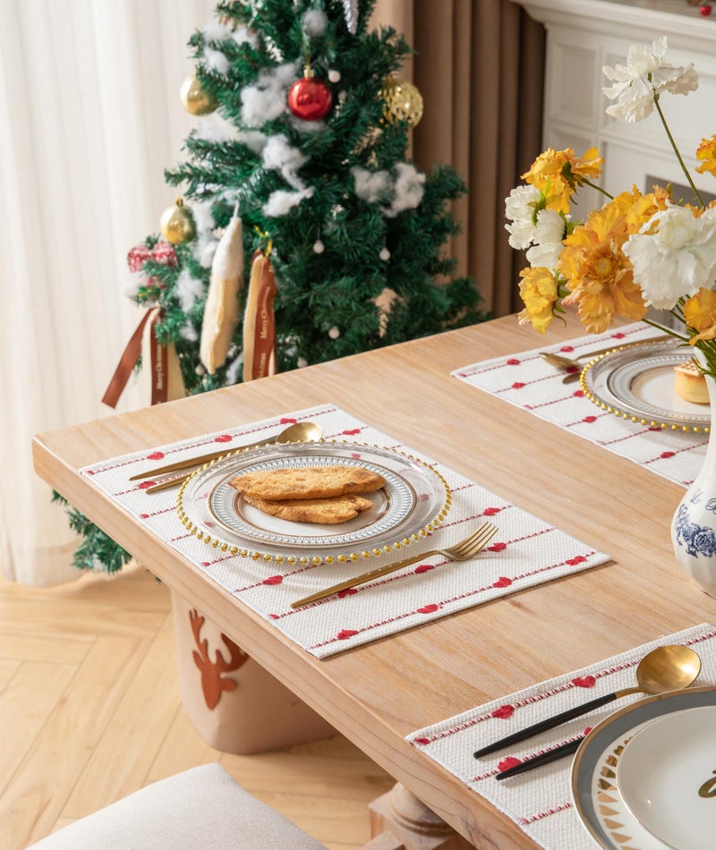 Caflife Christmas Valentines Placemats Set of 4, Cotton Linen Woven Table Mats for Modern Dining Table, 13x19 Inch Rustic Kitchen Valentine's Day Decorations Red Place Mats - Image 2
