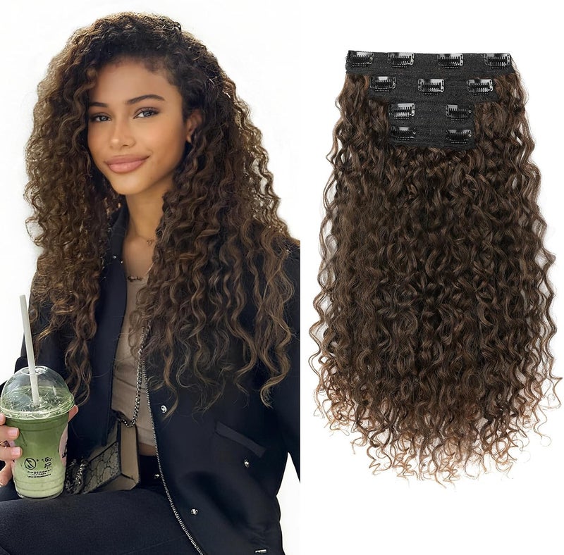 Flufymooz Clip in Hair Extensions, 4PC 100％ Pure Protein Silk Hair Extensions Long Soft Natural Hairpiece 16 Inch Curly Hairpiece for Women (Dark Almond brown with copper) - Image 1