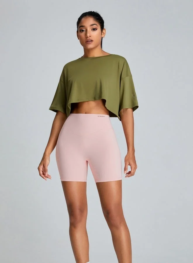 Kawn.yoga Khaki Green Womens Short Sleeves Loose Fit Crop Top for Women | Best Price UAE