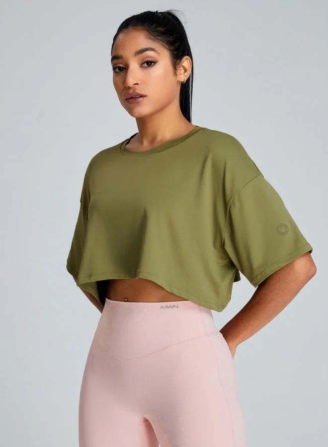 Kawn.yoga Khaki Green Womens Short Sleeves Loose Fit Crop Top for Women | Best Price UAE
