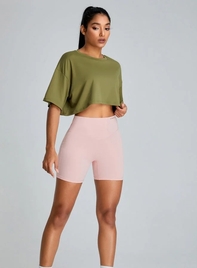 Kawn.yoga Khaki Green Womens Short Sleeves Loose Fit Crop Top for Women | Best Price UAE
