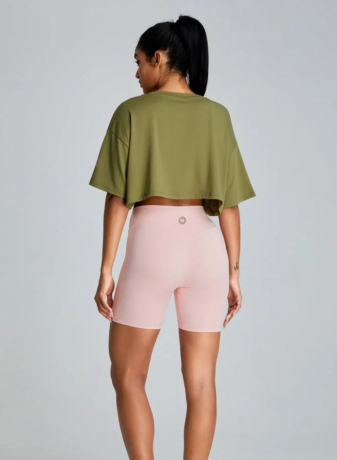 Kawn.yoga Khaki Green Womens Short Sleeves Loose Fit Crop Top for Women | Best Price UAE