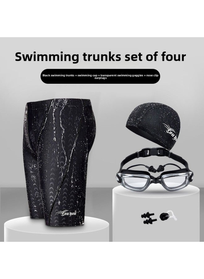 Loquat Swimming Trunks Men's Five-point Anti-embarrassment Boxer Quick-drying Plus Size Swimming Equipment Suit Swimming Trunks Swimming Cap Swimming Goggles Three-piece Set-Color:Transparent Black Four-pi - Image 1