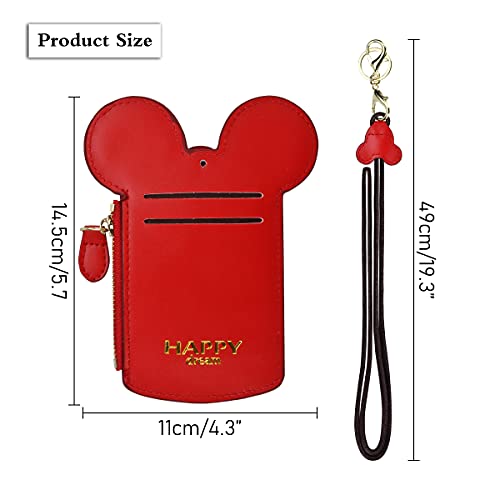 BUUFAN Chic Red Cute Travel PU Leather Student ID Card Holder Lanyard Neck Pouch Bag With Coin Wallet Purse for Students Women Kids Teens Girls - Image 2