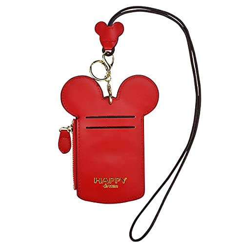 BUUFAN Chic Red Cute Travel PU Leather Student ID Card Holder Lanyard Neck Pouch Bag With Coin Wallet Purse for Students Women Kids Teens Girls - Image 1
