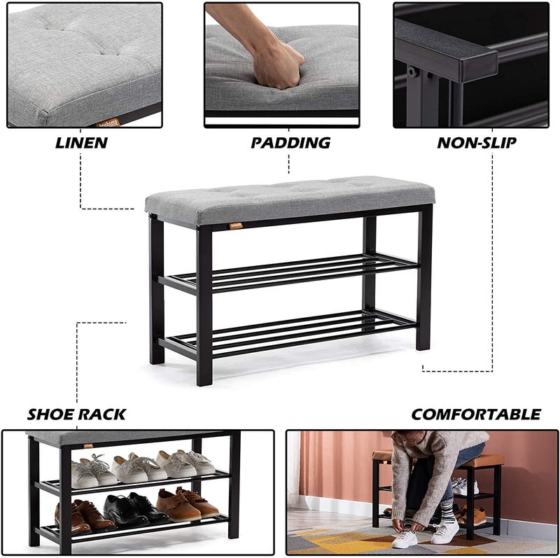 INDIAN DECOR XL45516 Shoe Bench 3Tier Shoe Rack Storage Shelf Organiser with Padded Cushion Seat Steel Frame for Entryway Hallway Living Room 8132H50 cm Light Grey Linen - Image 3