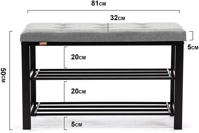 INDIAN DECOR XL45516 Shoe Bench 3Tier Shoe Rack Storage Shelf Organiser with Padded Cushion Seat Steel Frame for Entryway Hallway Living Room 8132H50 cm Light Grey Linen - Image 2