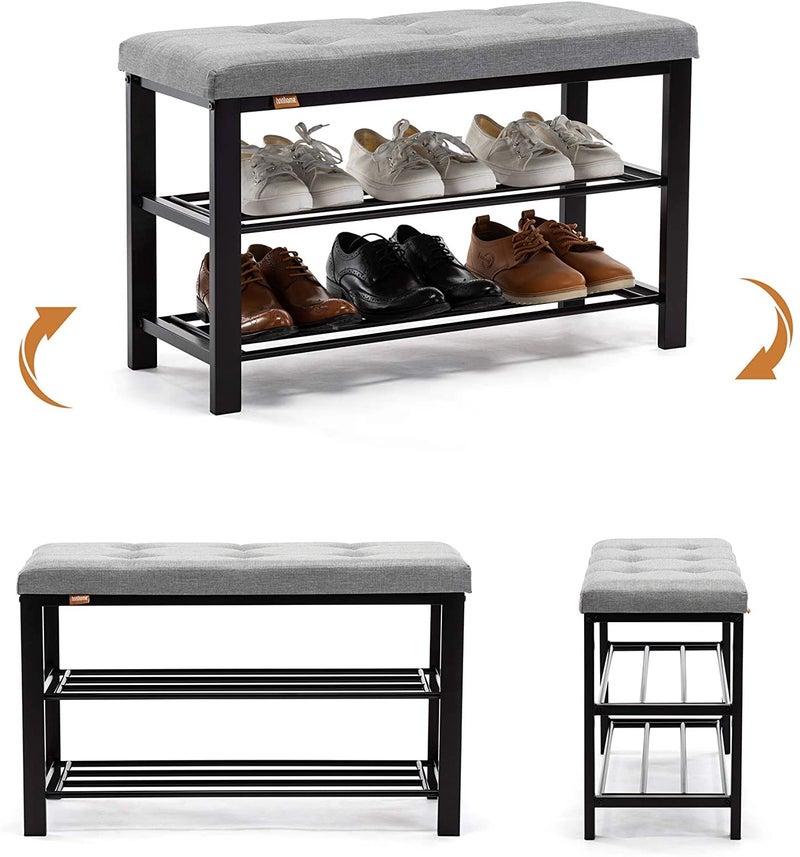 INDIAN DECOR XL45516 Shoe Bench 3Tier Shoe Rack Storage Shelf Organiser with Padded Cushion Seat Steel Frame for Entryway Hallway Living Room 8132H50 cm Light Grey Linen - Image 4
