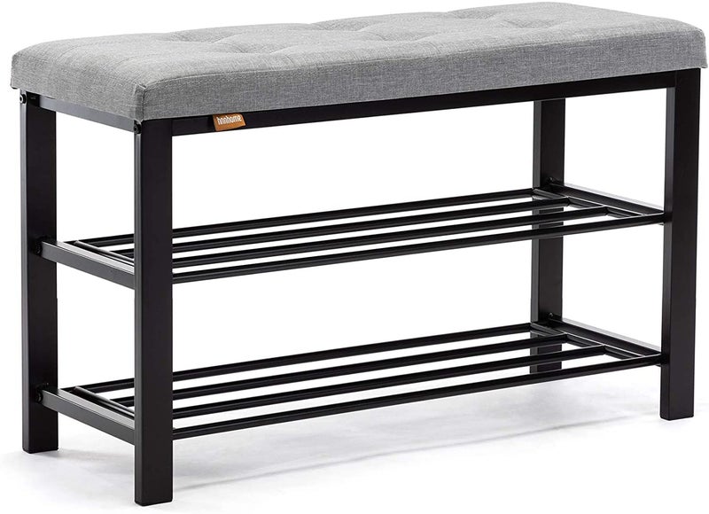 INDIAN DECOR XL45516 Shoe Bench 3Tier Shoe Rack Storage Shelf Organiser with Padded Cushion Seat Steel Frame for Entryway Hallway Living Room 8132H50 cm Light Grey Linen - Image 1