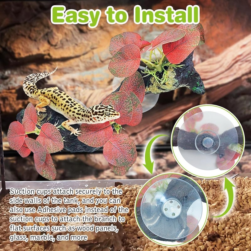 kathson 2 PCS Reptile Corner Branch Resin Snake Climbing Accessories with Leaves Terrarium Plant Decoration with Suction Cup for Frog Lizard Bearded Dragon Gecko Spider Climbing 7.8 x 3.1 x 1.4 inches - Image 4