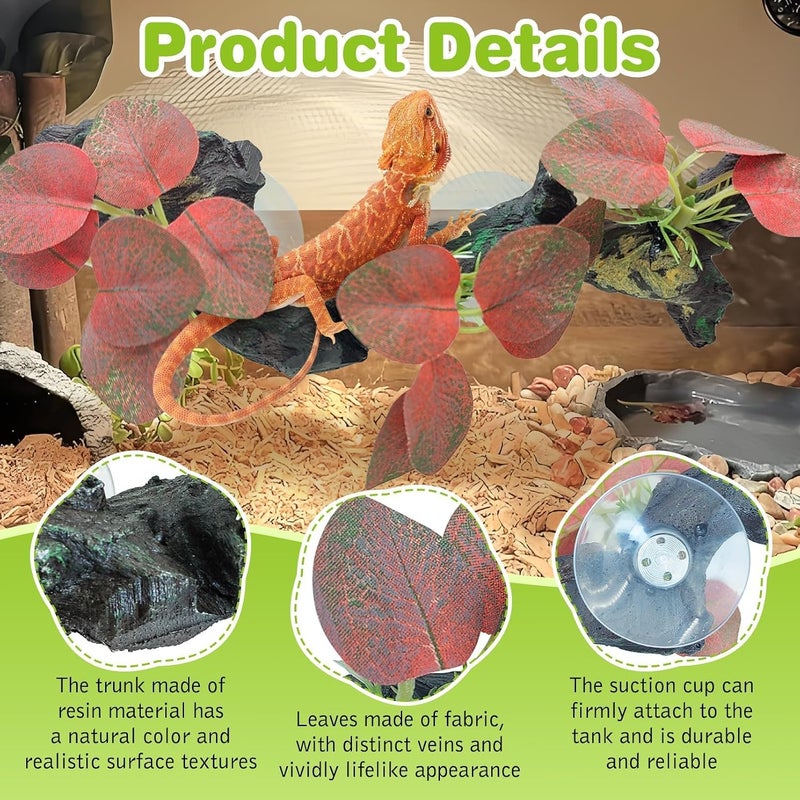 kathson 2 PCS Reptile Corner Branch Resin Snake Climbing Accessories with Leaves Terrarium Plant Decoration with Suction Cup for Frog Lizard Bearded Dragon Gecko Spider Climbing 7.8 x 3.1 x 1.4 inches - Image 3