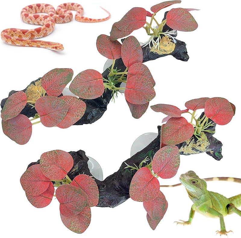 kathson 2 PCS Reptile Corner Branch Resin Snake Climbing Accessories with Leaves Terrarium Plant Decoration with Suction Cup for Frog Lizard Bearded Dragon Gecko Spider Climbing 7.8 x 3.1 x 1.4 inches - Image 1