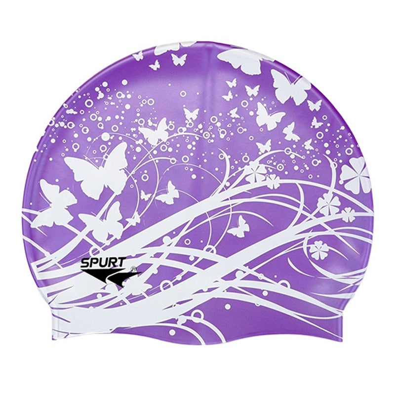 Moolecole Soft Waterproof Silicone Swim Cap Girls Summer Pool Sea Swimming Cap Bathing Haircare Hat for Long Hair Purple Butterfly - Image 1