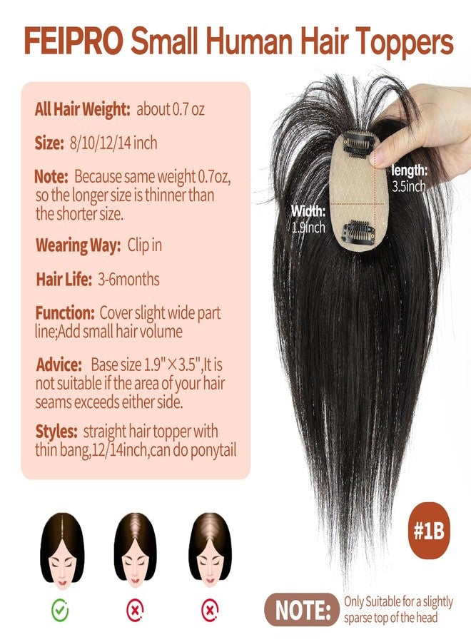 FEIPRO Human Hair Toppers with Bangs Real Human Hair for Women,Short Lightweight,Thin Crown Wiglets Hair Pieces Small Top Base 1.9"×3.5" Natural Cover Wide Part HairLine (10In,0.7oz,1B Natural Black) - Image 2