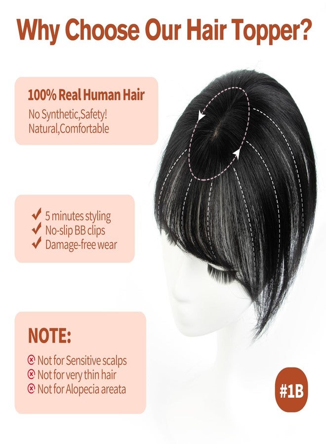 FEIPRO Human Hair Toppers with Bangs Real Human Hair for Women,Short Lightweight,Thin Crown Wiglets Hair Pieces Small Top Base 1.9"×3.5" Natural Cover Wide Part HairLine (10In,0.7oz,1B Natural Black) - Image 3