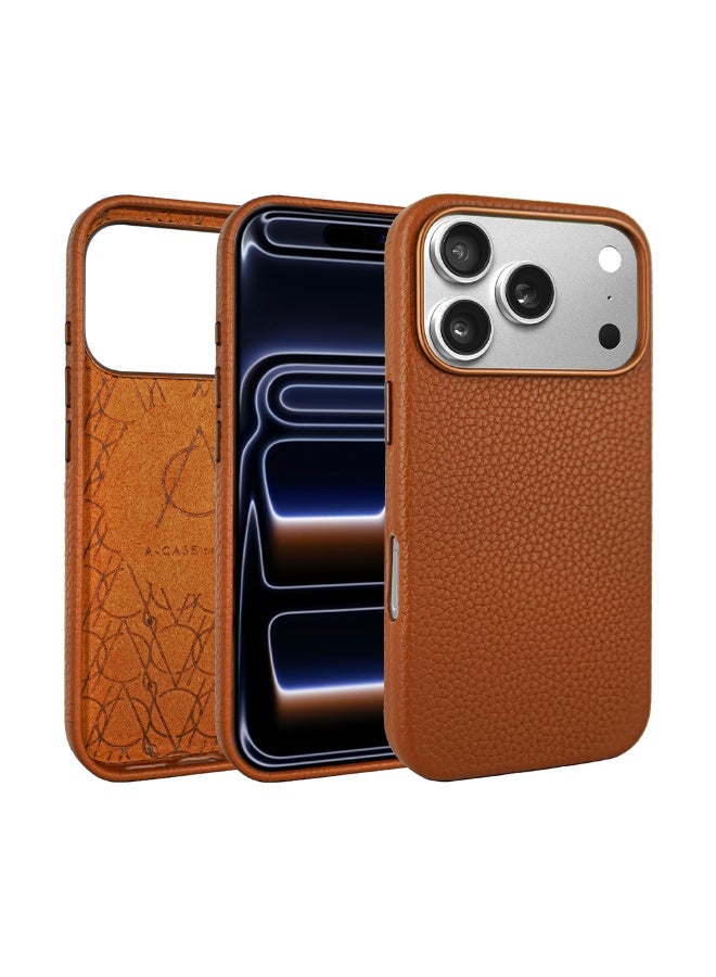 A-Case It’s My Case Amur Genuine Leather MagSafe Case for iPhone 17 Pro – Slim Fit Shockproof Protective Cover with Lychee Texture, Raised Camera Protection & Tactile Buttons – Brown - Image 1