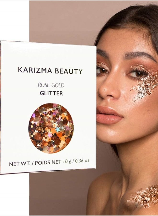 KARIZMA - Rose Gold Glitter. 10g Chunky Face Glitter, Hair Glitter, Eye Glitter and Body Glitter for Women. Rave Glitter, Festival Accessories, Cosmetic Glitter Makeup. Loose Glitter Set - Image 1