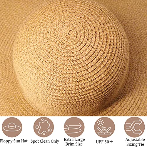 DECHISY Oversized Beach Straw Hat for Women, Fashion Large Wide Brim Visor Hats Handmade Roll Up Floppy Sun Hat for Summer Beach Cap Khaki - Image 4