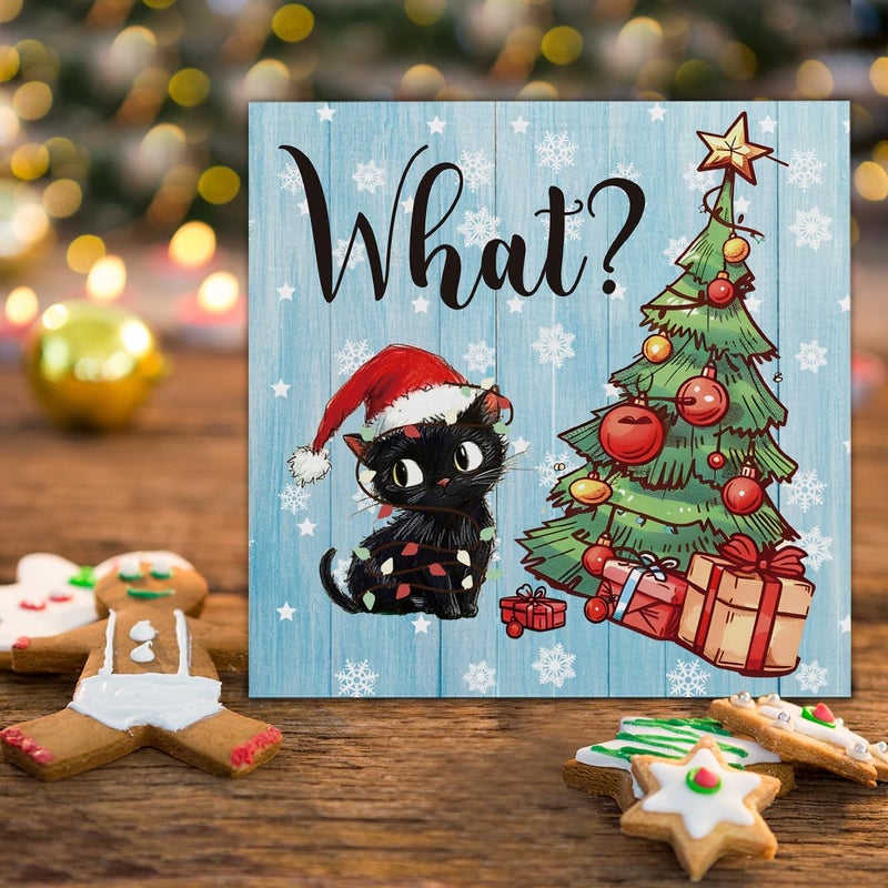 YXSEZ Funny Christmas Decorations  Black Cat Wooden Sign Decor  Christmas Tree Wooden Block Sign  Christmas Decor for Table Shelf 5 x 5 Inch - Image 3