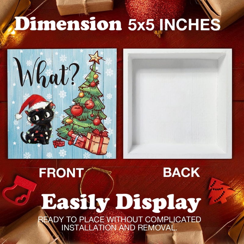 YXSEZ Funny Christmas Decorations  Black Cat Wooden Sign Decor  Christmas Tree Wooden Block Sign  Christmas Decor for Table Shelf 5 x 5 Inch - Image 2