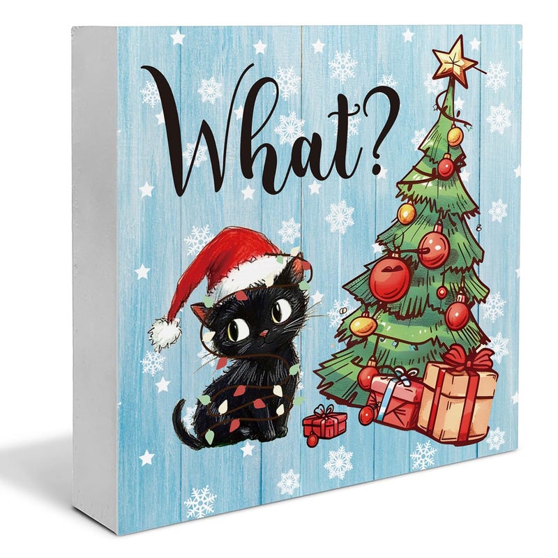 YXSEZ Funny Christmas Decorations  Black Cat Wooden Sign Decor  Christmas Tree Wooden Block Sign  Christmas Decor for Table Shelf 5 x 5 Inch - Image 1