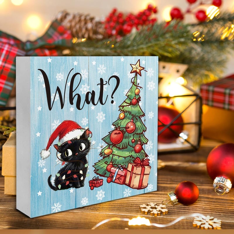 YXSEZ Funny Christmas Decorations  Black Cat Wooden Sign Decor  Christmas Tree Wooden Block Sign  Christmas Decor for Table Shelf 5 x 5 Inch - Image 4