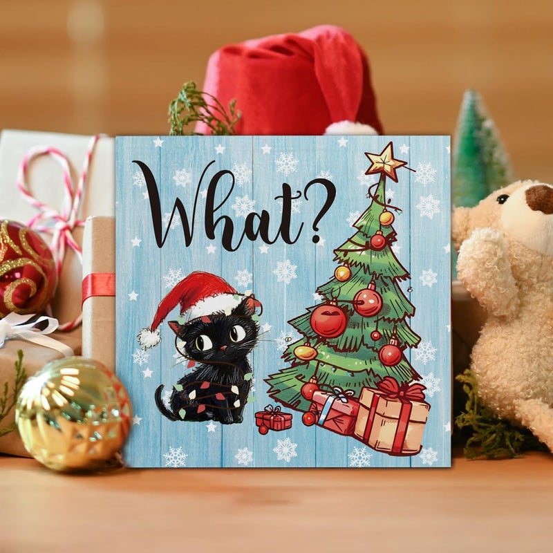 YXSEZ Funny Christmas Decorations  Black Cat Wooden Sign Decor  Christmas Tree Wooden Block Sign  Christmas Decor for Table Shelf 5 x 5 Inch - Image 5