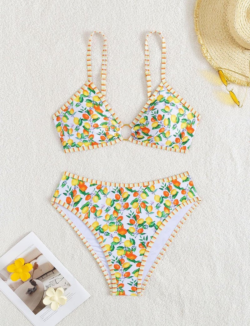 Tainehs Women's Two Piece Bikini Sets O Ring Front Top Ditsy Floral Triangle Swimsuits Cheeky Bathing Suit - Image 4