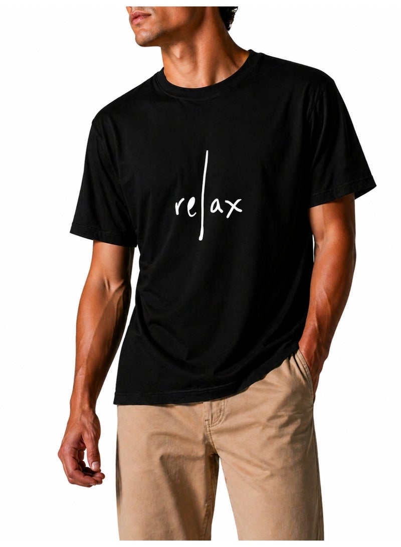 Relax Fit Cotton T-shirt with 'Relax' Print - Black - Image 1
