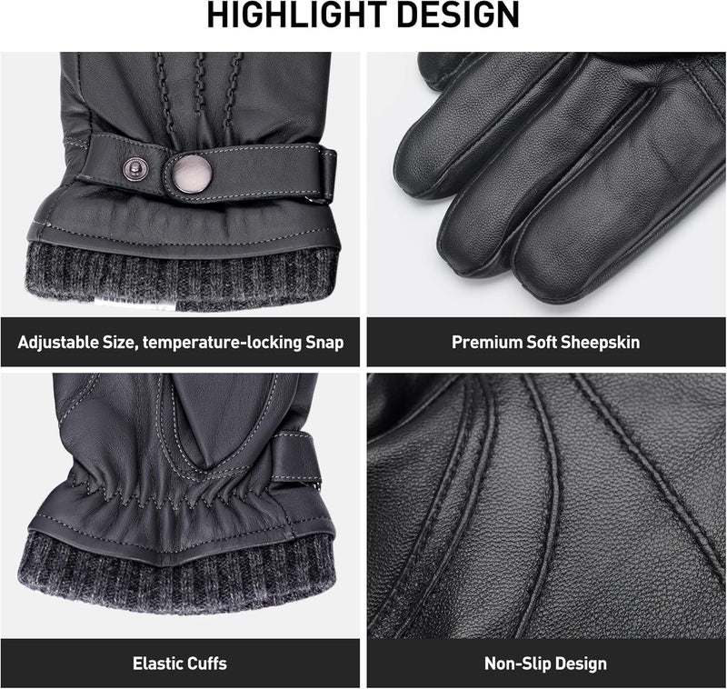 BISON DENIM Sheepskin Leather Gloves for Men - Winter Warm Touchscreen Gloves with Cashmere Lining - Image 3