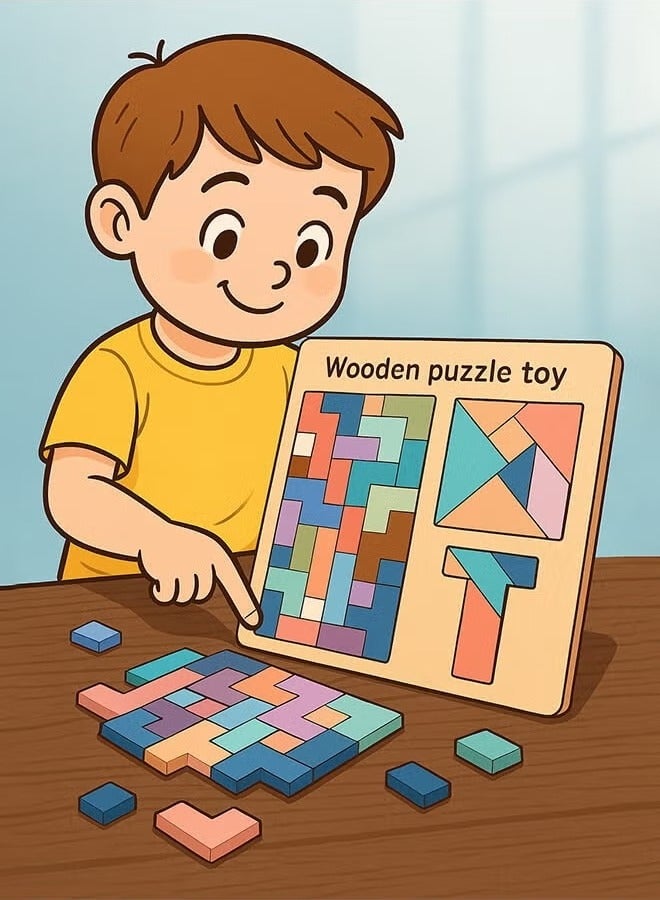 Riolio Wooden Tetris Tangram 3 in 1 Puzzle T Shape Jigsaw Intelligence Game Iq Brain Teasers Building Colorful Blocks Fun Children Educational Colorful Toys Gift for Kids - Image 2