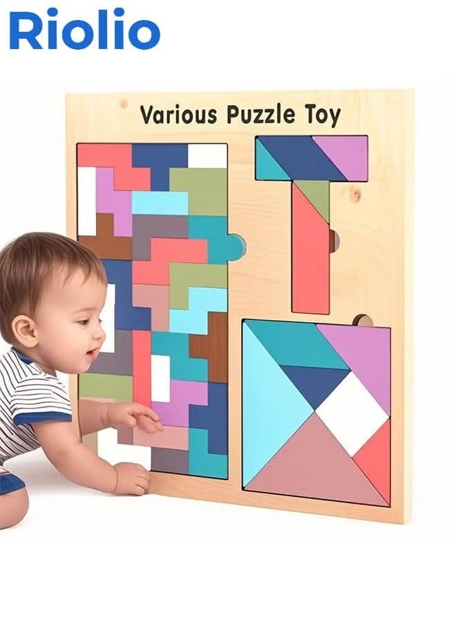 Riolio Wooden Tetris Tangram 3 in 1 Puzzle T Shape Jigsaw Intelligence Game Iq Brain Teasers Building Colorful Blocks Fun Children Educational Colorful Toys Gift for Kids - Image 1