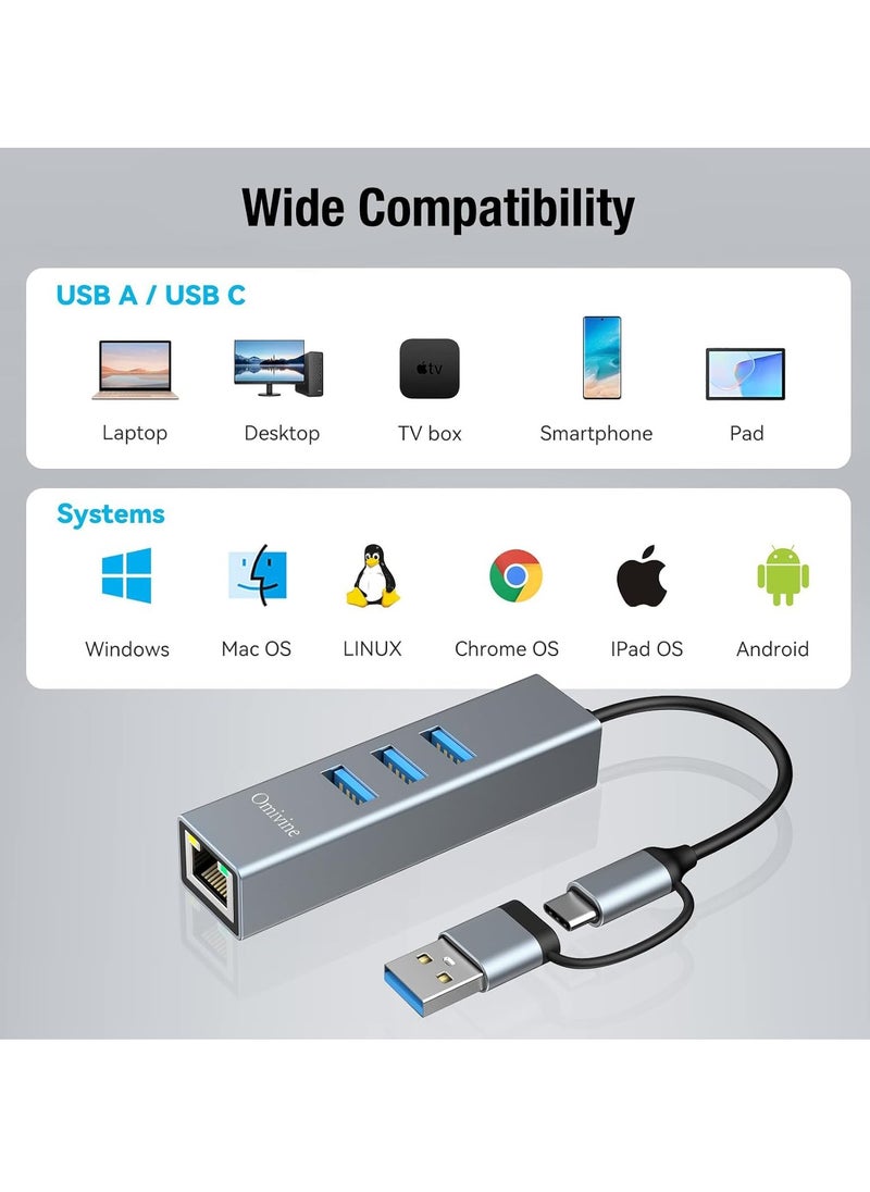 KASTWAVE - USB Type-C to Ethernet Adapter, USB LAN Adapter 1000m, USB 3.0 Hub, USB-C to Ethernet Adapter, RJ45 Gigabit Network Adapter, with 3 USB 3.0 Ports for MacBook XPS Surface Pro Linux Chromebook etc - Image 1