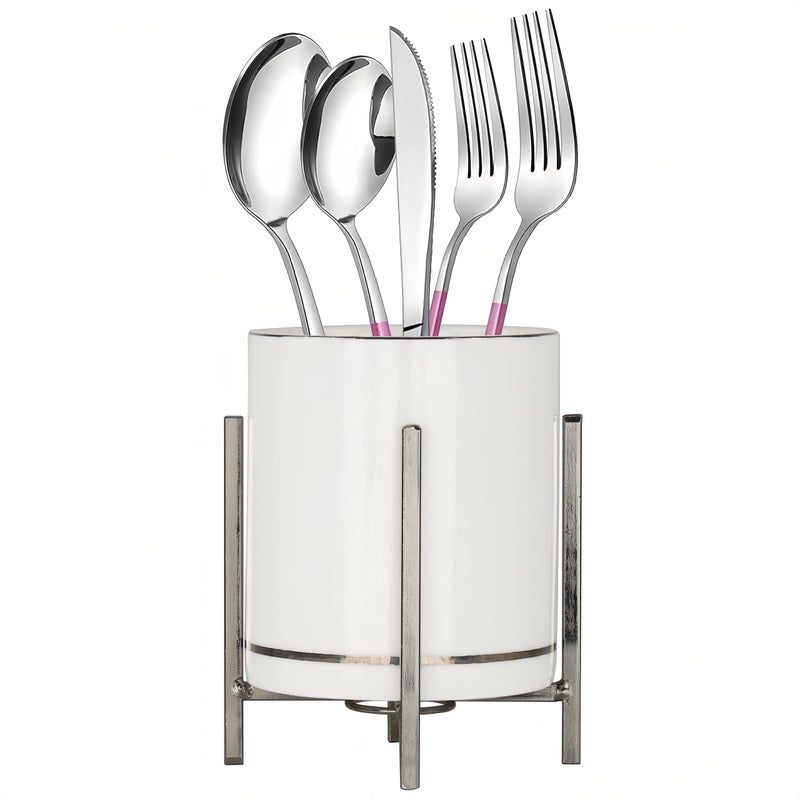 MONOSUGO Farmhouse Flatware Holder for Dinner Table, Kitchen Holder for Serving Utensils, Decorative Cutlery Utensil Holder for Kitchen or Parties, Cup with Silver Trim, 1 Pcs - Image 1