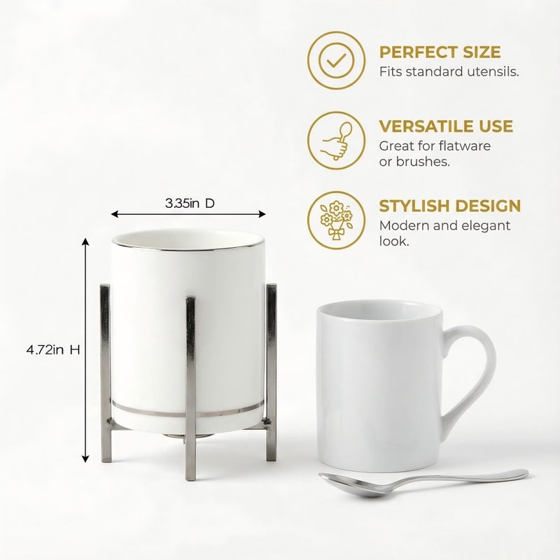 MONOSUGO Farmhouse Flatware Holder for Dinner Table, Kitchen Holder for Serving Utensils, Decorative Cutlery Utensil Holder for Kitchen or Parties, Cup with Silver Trim, 1 Pcs - Image 2