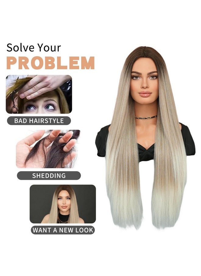 7JHH WIGS - 32In Long Silver Grey Ombre Wigs Natural Heat Resistant Fiber Synthetic Layered Straight Grey White Ombre Wigs With Dark Roots Women Wigs For Holiday Festival Chrismas Daily Party Daily Used - Image 1