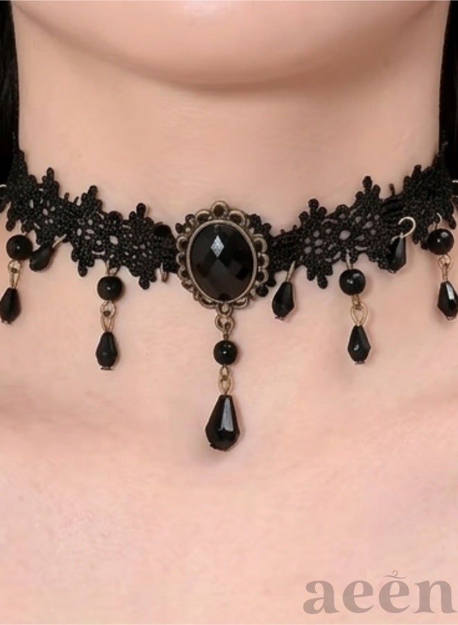 aeen Women's Gothic Lace Jewelry Set – Retro Court Style Hollow Lace Choker Necklace with Matching Earrings, Vintage Gothic Fashion - Image 2