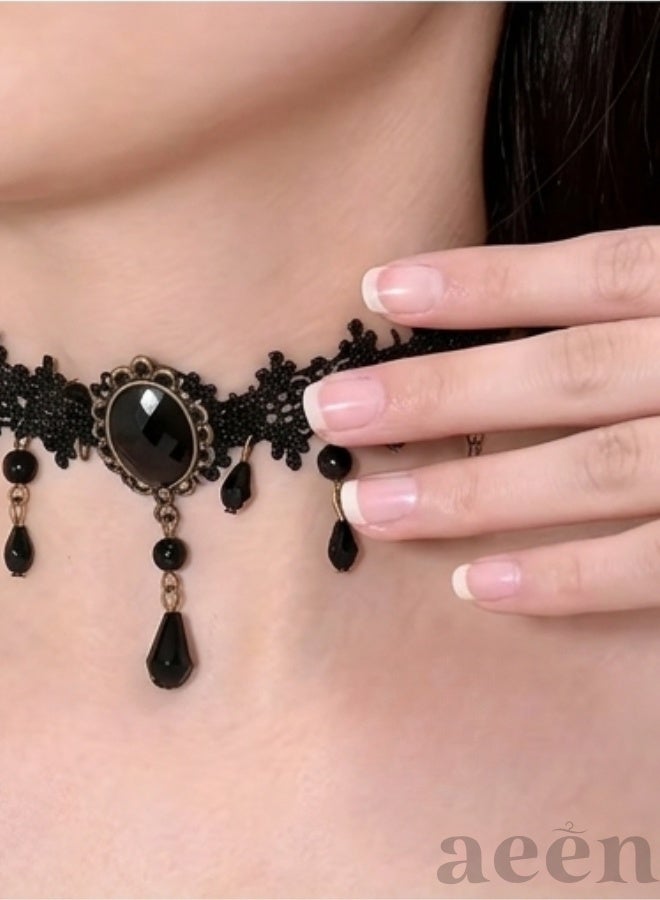 aeen Women's Gothic Lace Jewelry Set – Retro Court Style Hollow Lace Choker Necklace with Matching Earrings, Vintage Gothic Fashion - Image 4
