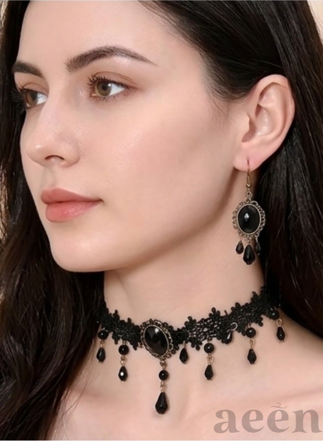 aeen Women's Gothic Lace Jewelry Set – Retro Court Style Hollow Lace Choker Necklace with Matching Earrings, Vintage Gothic Fashion - Image 1