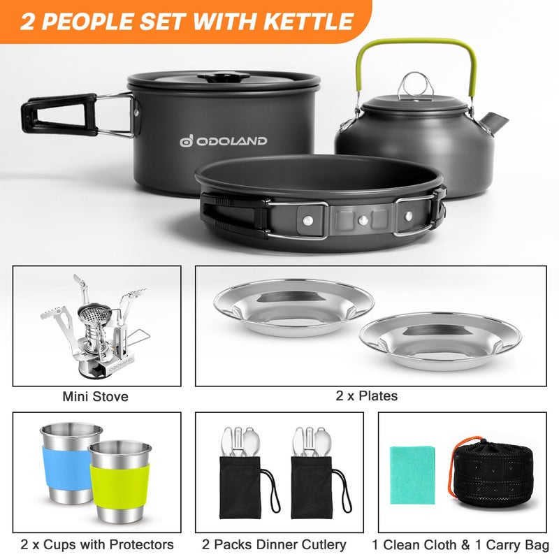 Odoland 16pcs Camping Cookware Set with Folding Camping Stove, Non-Stick Lightweight Pot Pan Kettle Set with Stainless Steel Cups Plates Forks Knives Spoons for Camping Backpacking Outdoor Picnic - Image 2