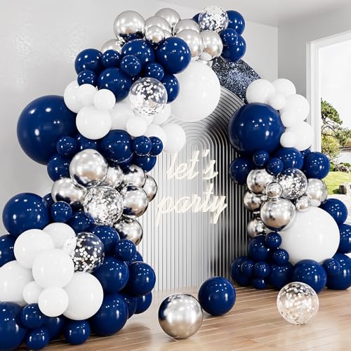 Haolongfa Navy Blue and Silver Balloons Garland Arch Kit134 Pcs Graduation Balloons White Navy Blue and Silver Balloons with Confetti Latex Balloons for Graduation Birthday Baby Shower Wedding Decorations - Image 1