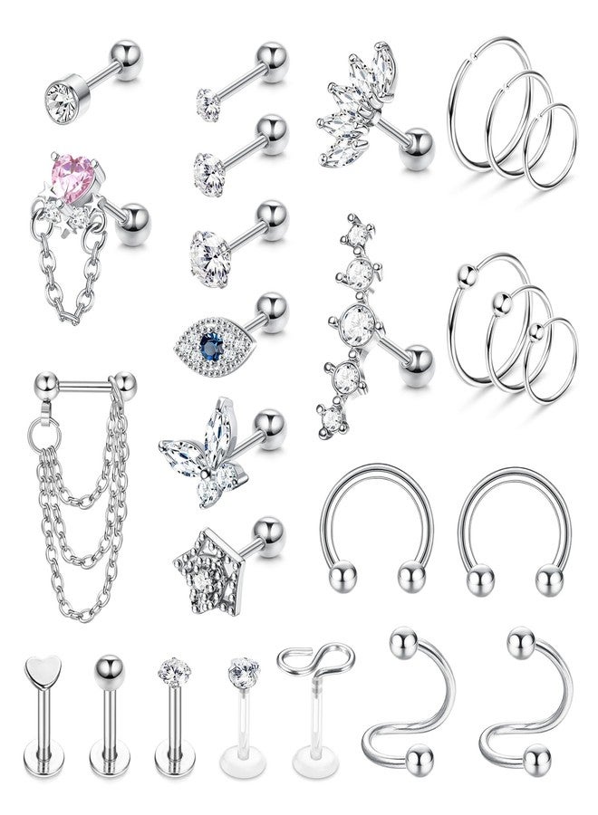 YADOCA Hypoallergenic Conch Piercing Jewelry 16G Helix Tragus Daith Piercing Jewelry Conch Earring Cartilage Earrings for Women Men CZ Stud Hoop Earring 316L Stainless Steel Silver-tone 26 Pcs - Image 1
