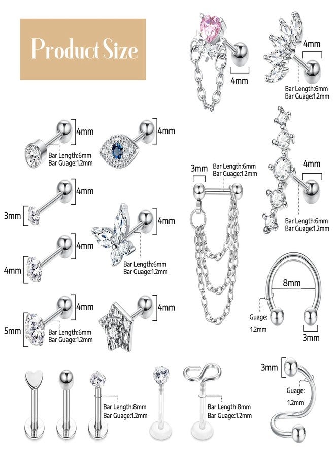 YADOCA Hypoallergenic Conch Piercing Jewelry 16G Helix Tragus Daith Piercing Jewelry Conch Earring Cartilage Earrings for Women Men CZ Stud Hoop Earring 316L Stainless Steel Silver-tone 26 Pcs - Image 2