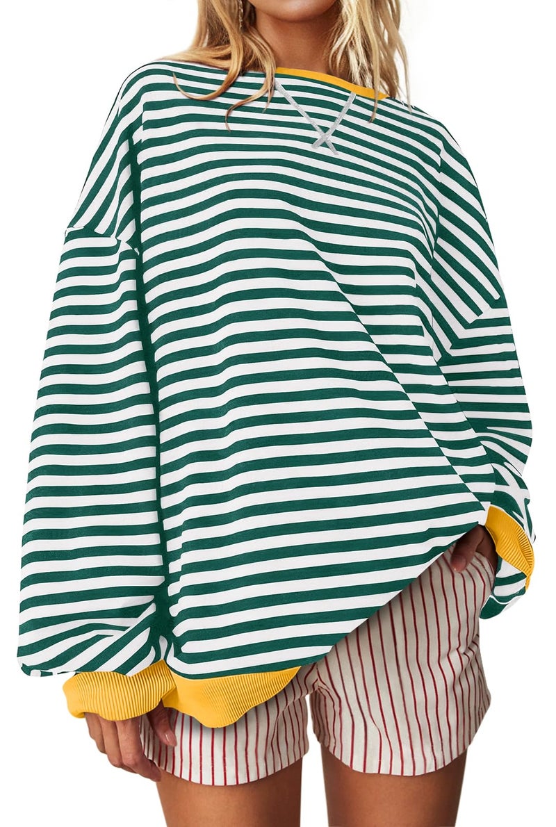 UEU Women Oversized Striped Sweatshirt Color Block Crew Neck Sweatshirt Casual Long Sleeve Pullover Shirt Green X-Large - Image 1