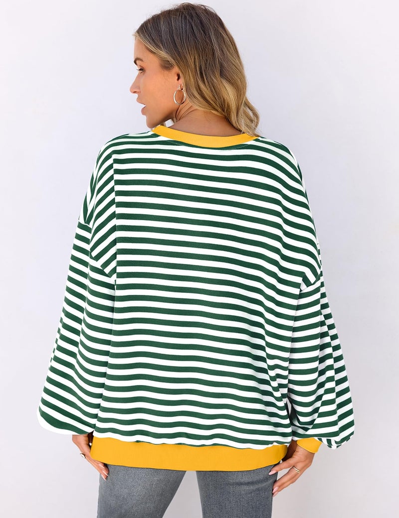 UEU Women Oversized Striped Sweatshirt Color Block Crew Neck Sweatshirt Casual Long Sleeve Pullover Shirt Green X-Large - Image 5