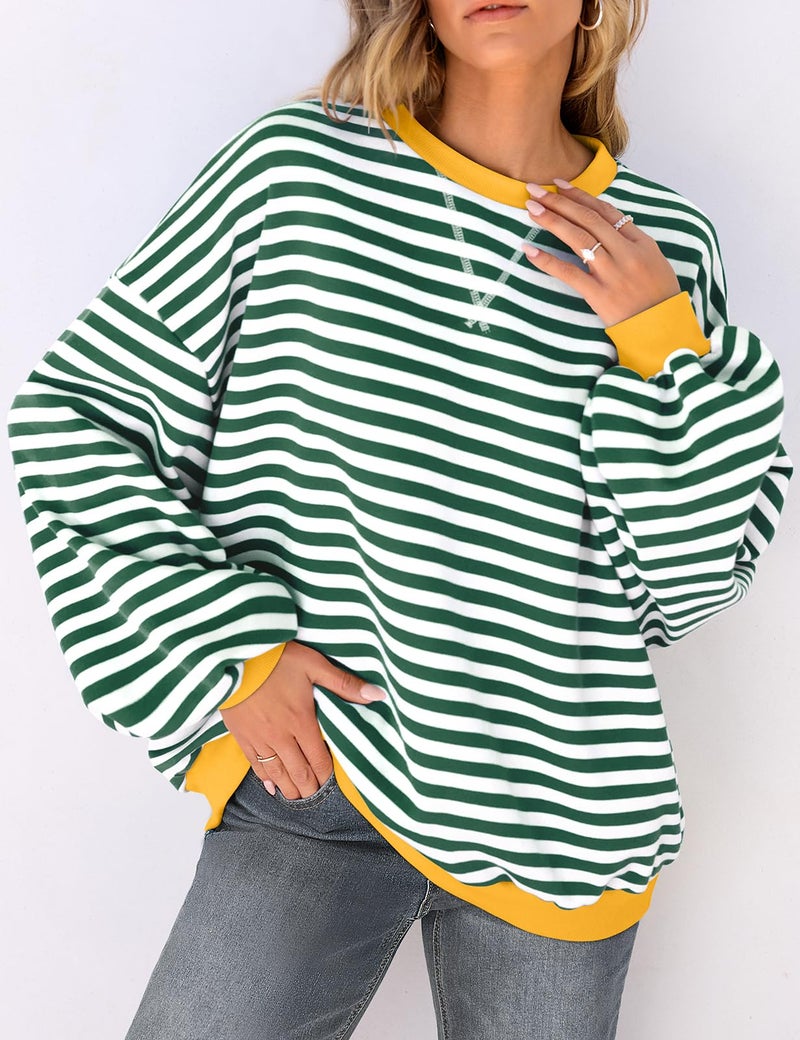 UEU Women Oversized Striped Sweatshirt Color Block Crew Neck Sweatshirt Casual Long Sleeve Pullover Shirt Green X-Large - Image 2