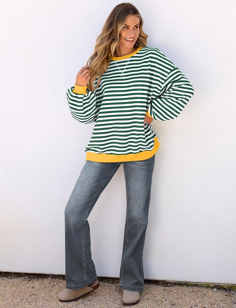 UEU Women Oversized Striped Sweatshirt Color Block Crew Neck Sweatshirt Casual Long Sleeve Pullover Shirt Green X-Large - Image 4