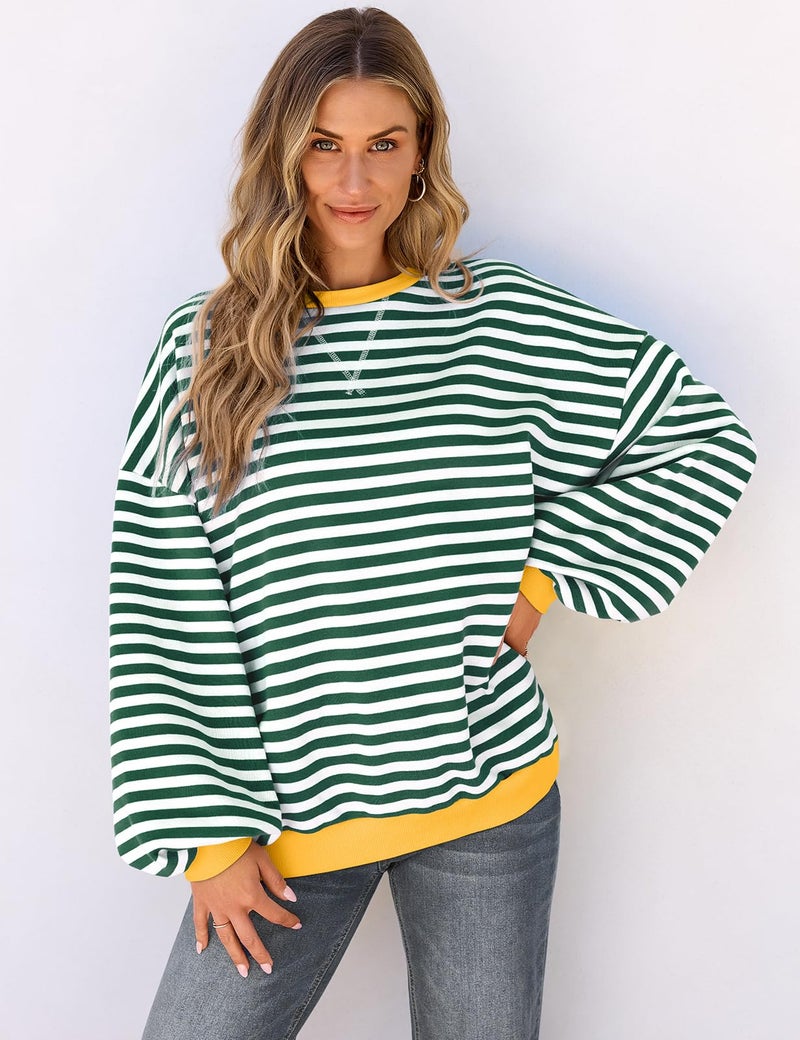 UEU Women Oversized Striped Sweatshirt Color Block Crew Neck Sweatshirt Casual Long Sleeve Pullover Shirt Green X-Large - Image 3
