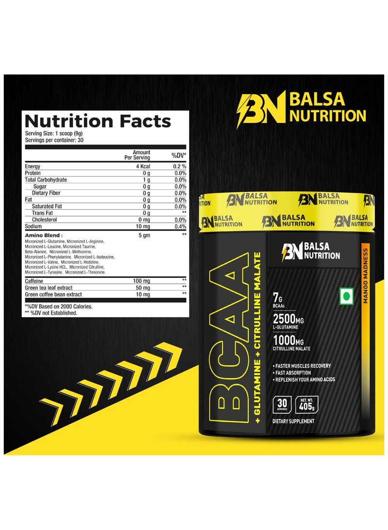 Balsa Nutrition BCAA With Glutamine + Citrulline Malate Powder- 405gm (Mango Madness) - Image 2