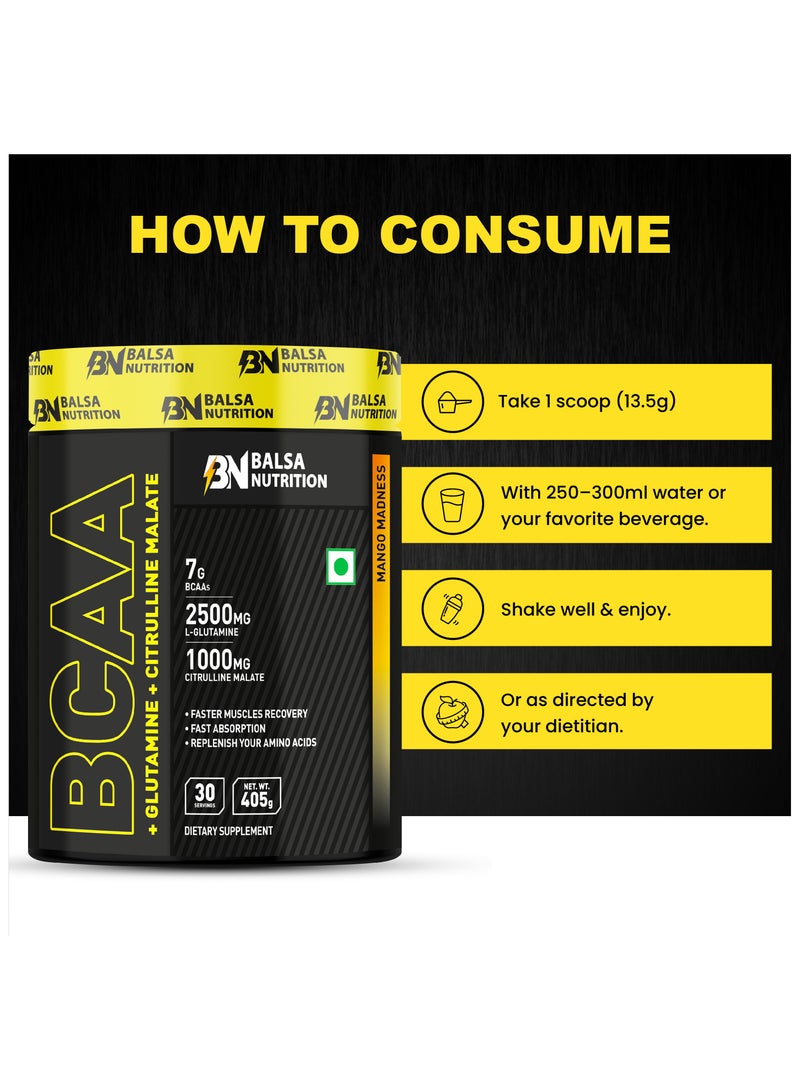 Balsa Nutrition BCAA With Glutamine + Citrulline Malate Powder- 405gm (Mango Madness) - Image 5